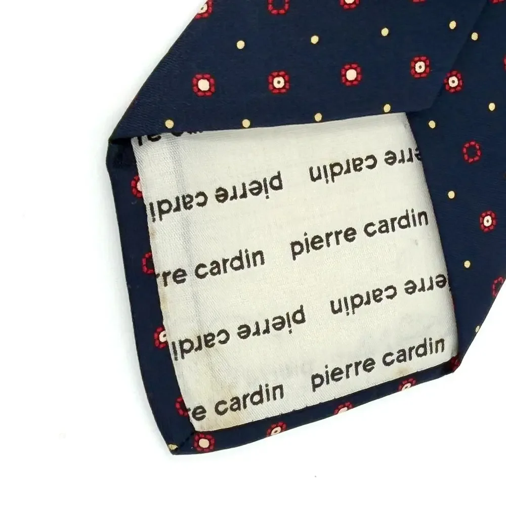 Vintage 80s Pierre Cardin Navy Red 100% Silk Medallion Print Necktie